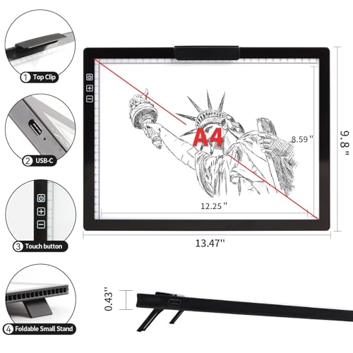 Rechargeable A4 Light Pad - Stepless Dimmable 6 Levels Brightness Tracing Light Box, Diamond Painting Light Board with Top Clip, Battery Powered Portable Light Pad for Weeding Vinyl Tracing - style: A4 Rechargeable(Black)