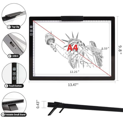 Rechargeable A4 Light Pad - Stepless Dimmable 6 Levels Brightness Tracing Light Box, Diamond Painting Light Board with Top Clip, Battery Powered Portable Light Pad for Weeding Vinyl Tracing - style: A4 Rechargeable(Black)