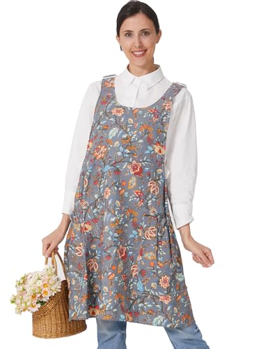 Cozy Adjustable Cross Back Aprons for Women with Pockets Cotton Linen Cooking Kitchen Baking - color: Plum Blossom
