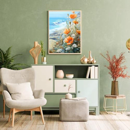 Paint by Numbers for Adults Beginner Flowers,Paint Number Kits Poppies and Daisies Adult,Paint by Number Sea View Adult Paint by Number Kits DIY Oil Painting Kits Gift, 12 x16 Inch（Include Framed） - color: DKH002