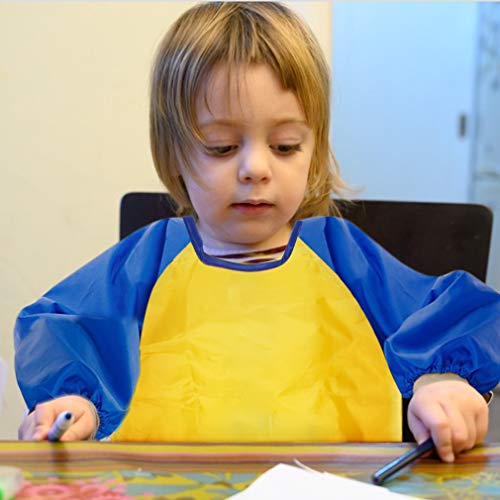 CUBACO Kids Painting Apron, 2pcs Waterproof Art Smocks For Child 3-8 Years, Kids Smocks for Painting Aprons with Long Sleeve - color: Blue&yellow