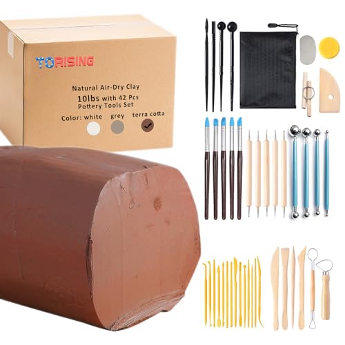 Air Dry Clay 10 LBs with 42 Pcs Set Pottery Clay Tools Set for Hand Modeling and Throwing, Non-Toxic (Terra Cotta & Kit) - color: Terra Cotta & Kit