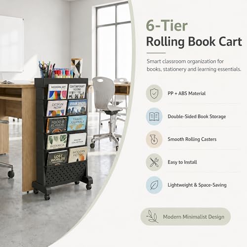 6-Tier Rolling Bookshelf Magazine Rack with Wheels Black - color: Black, size: 6-Tier 30.5"H