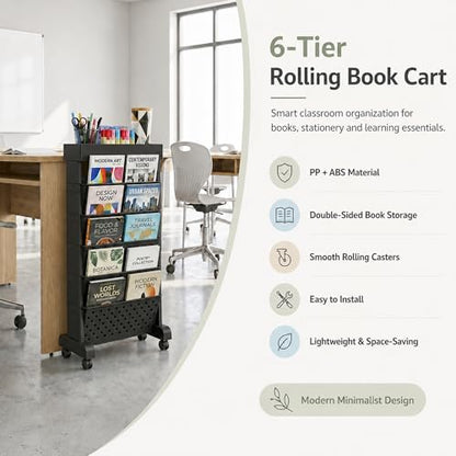 6-Tier Rolling Bookshelf Magazine Rack with Wheels Black - color: Black, size: 6-Tier 30.5"H