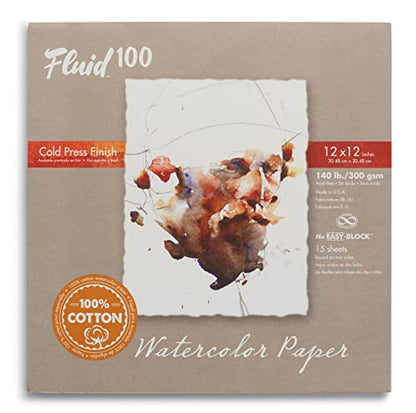 Fluid 100 Watercolor Paper Block, 12 x 12 inches, 15 Sheets, 140 lb (300 GSM) 100% Cotton Cold Press Pad for Artist Painting and Wet Media - size: 12 x 12 (140 lb)