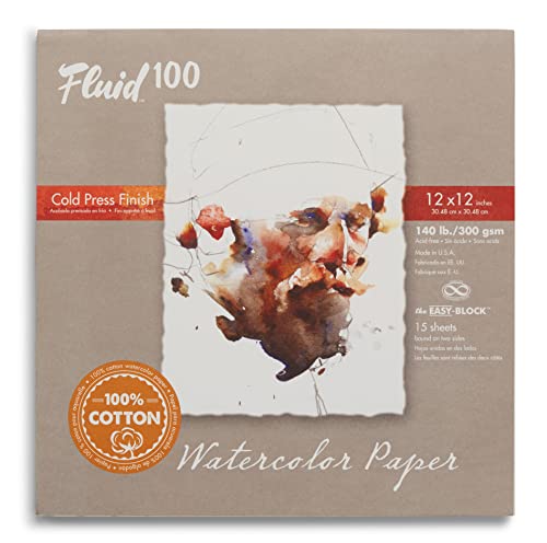 Fluid 100 Watercolor Paper Block, 12 x 12 inches, 15 Sheets, 140 lb (300 GSM) 100% Cotton Cold Press Pad for Artist Painting and Wet Media - size: 12 x 12 (140 lb)