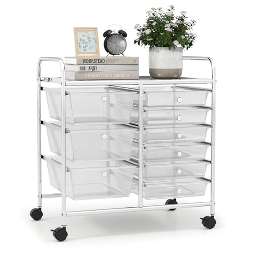 9 Drawer Rolling Storage Cart, Rolling Cart with Drawers for Classroom, Art Supply Craft Organizer on Wheel with Metal Frame & Handles for Home Office School - color: Clear, size: 9 Drawer