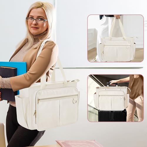 Teacher Tote Bag with Accordion File Organizer, Large Utility Bag | Teacher Work Bag with Expanding File Pocket, Laptop Sleeve, Water Bottle Pockets, Large Capacity Tote for Work Office - color: Beige