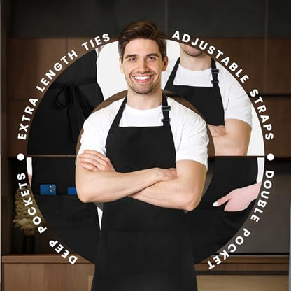 Adjustable Bib Apron 100% Polyester Kitchen Aprons Waterdrop Resistant Aprons with Adjustable Strap, Pockets & Long Ties - color: Black, style: Pack of 12