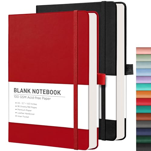 RETTACY Blank Journal Notebook, 192 Pages per Pack, A5 Size (5.7'' x 8.3'') - color: Black & Red