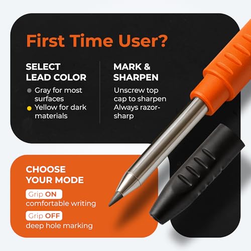 THORVALD New 3-in-1 Carpenter Pencils with Finger Grip for Construction - Incl. 7 Leads + Sharpener - Solid Mechanical Pencils with Fine Point/Best Marking tools Construction/Carpenters/Scriber