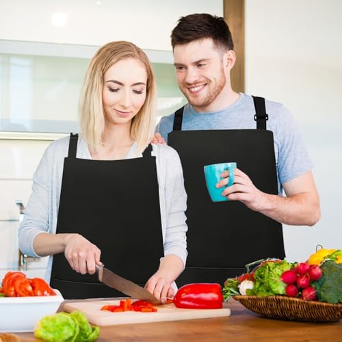 VALOME 2 Pack Kitchen Aprons with Pockets, Cooking Chef Apron for Men Women | Adjustable Neck Strap, Unisex Bib Soft Aprons, Cotton-Blend, for Grilling Cooking Gardening Baking - color: Pure Black & Black