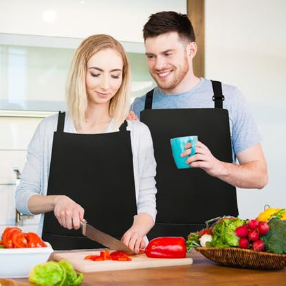 VALOME 2 Pack Kitchen Aprons with Pockets, Cooking Chef Apron for Men Women | Adjustable Neck Strap, Unisex Bib Soft Aprons, Cotton-Blend, for Grilling Cooking Gardening Baking - color: Pure Black & Black