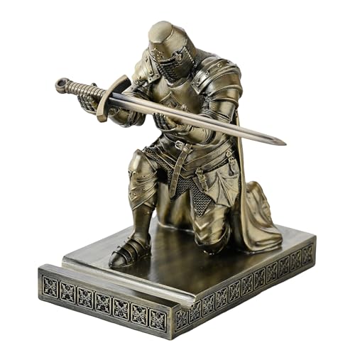 Medieval Templar Vanguard Officer Knight Pen Holder Desk Organizers Bronze | Pencil Stand Paperweight Desktop Decoration Accessories Cell Phone Stand with a Fancy Sword for Medieval Warrior Enthusiast - color: Bronze