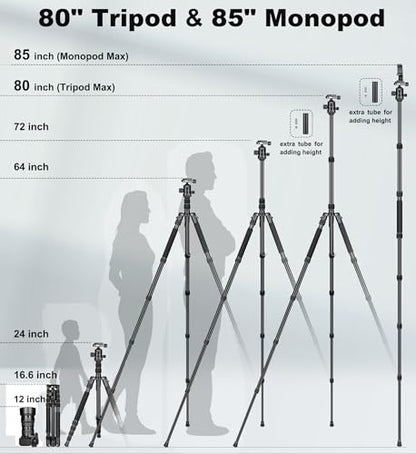 80/85 inches Heavy Duty Tripod for Camera Phone, 85" Camera Tripod Monopod - color: Black