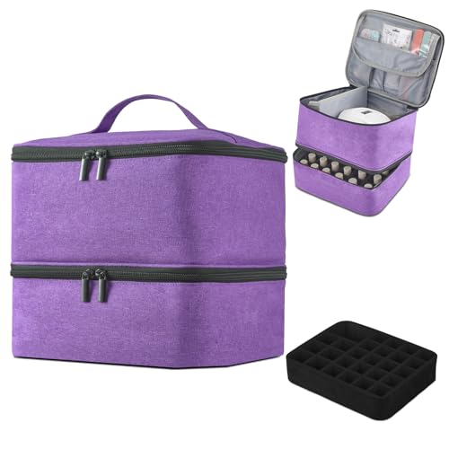 Buruis 2 Layer Nail Polish Bag, Nail Supplies Organizer, Purple | Dual Zippers, Adjustable Divider, Nail Dryer Storage, Fits 25 Bottles (15ML), Nail Tools Bag, Portable Manicure Case - color: Purple