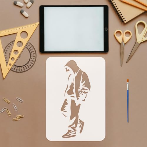 FINGERINSPIRE 4PCS Street People Painting Stencils with Paint Brush 8.3x11.7inch Reusable People Silhouette Template Plastic Hats Pattern Stencil Graffiti Theme Template for Painting on Floor - color: Street People