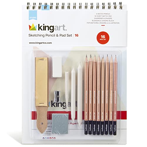 KINGART 16 Piece Sketching Set, Professional Drawing Pencils Art Kit w/Graphite & Charcoal Pencils for Beginners, Students, Adults Shading