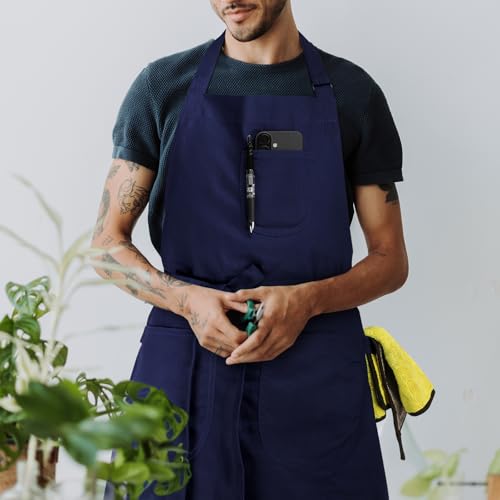Unisex Apron with Pockets for Cooking, Salon & Art - 100% Cotton Adult Kitchen, Chef, Stylist Apron (Blue) - color: Blue