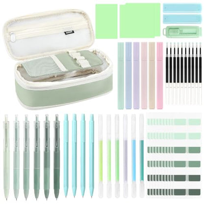MoKo Pencil Case with Supplies, 49Pcs Aesthetic School Set, Green | Includes gel pens, highlighters, 0.5 mm mechanical pencils and refills, an eraser, sticky notes and index tabs. - color: Green-49P