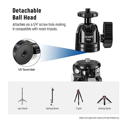 NEEWER Mini Desk Tripod, Metal Table Top Small Portable Travel Selfie Stick Stand with 360° Ball Head & 1/4" Screw for Camera Mobile Phone Holder Action Cam, Cleaning Cloth, Max Load 6.6 lbs, TP29 - style: TP29 w/Cleaning Cloth