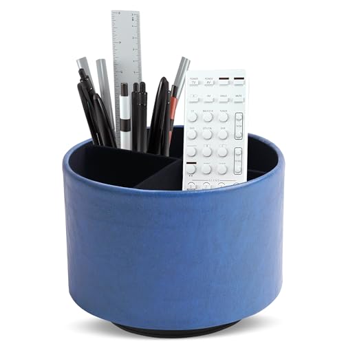 Round Leather Art Supply Organizer,Remote Control Holder,360 Degree Spinning,Multi-Functional Pencil Holder,4 Compartments Desktop Stationary Organizer(1-Oil Blue2) - color: 1-Oil Blue2