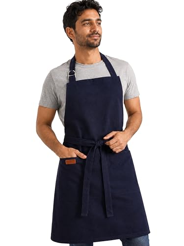 100% Cotton Kitchen Apron with 2 Pockets – Adjustable Chef Apron for Cooking Baking BBQ – Unisex Apron - color: Navy
