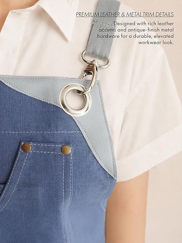 Professional Work Apron for Men & Women – 100% Cotton with waterproof Membrane, Cross Back Straps - color: Forge Blue