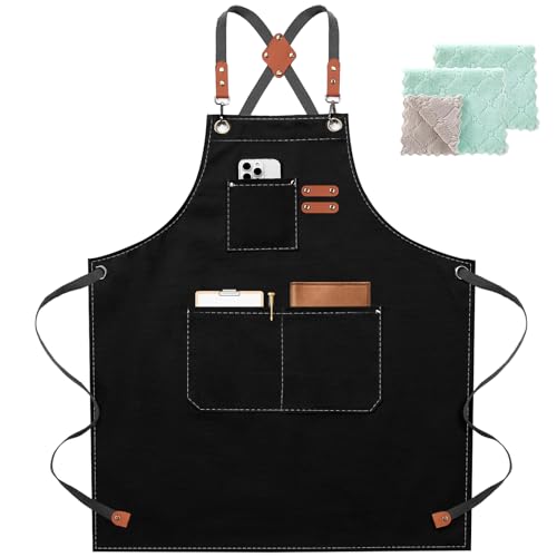ZOMAO Chef Apron for Women Men with Large Pockets, Cotton Canvas Cross Back Waterproof Work Aprons for Kitchen Cooking Bib - color: Black