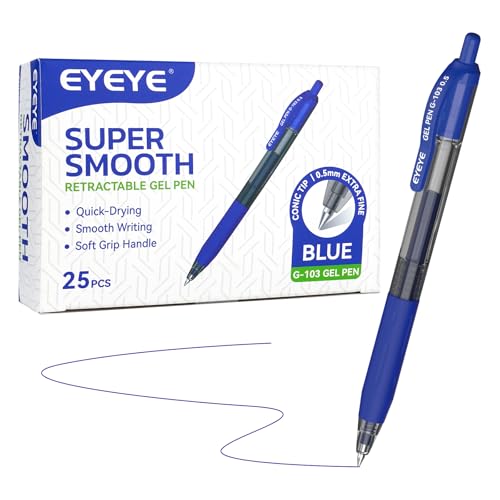 EYEYE G-103 Retractable Gel Pens 0.5mm, 25 Pack 0.5 mm Blue Ink Extra Fine Point Ballpoint Pen Quick Drying, Pen Fine Point Smooth Writing Pens for for Office School Supplies - color: Blue, size: 0.5mm