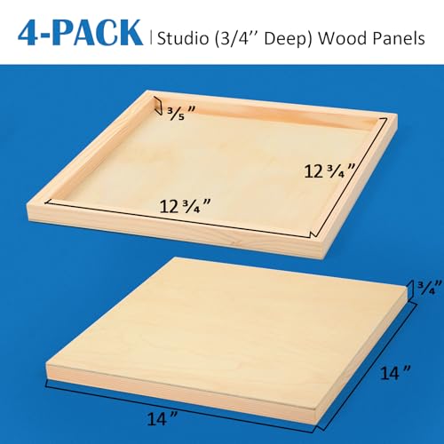 4 Pack 14x14’’ Unfinished Birch Wood Panels Kit for Painting | Studio 3/4’’ Deep Wooden Canvas, Cradle Boards for Acrylic Pouring, Art, Crafts, Epoxy Resin, Laser Engraving Cutting - size: 14'' x 14'' Studio
