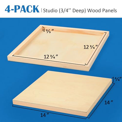4 Pack 14x14’’ Unfinished Birch Wood Panels Kit for Painting | Studio 3/4’’ Deep Wooden Canvas, Cradle Boards for Acrylic Pouring, Art, Crafts, Epoxy Resin, Laser Engraving Cutting - size: 14'' x 14'' Studio