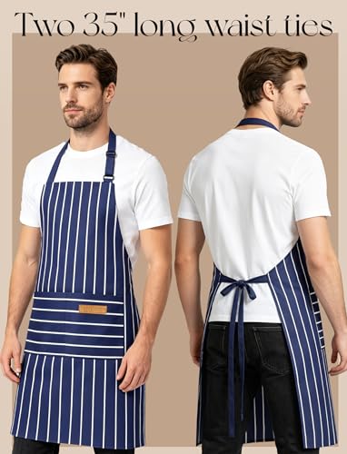 2 Pack Kitchen Cooking Aprons, Soft Aprons for Women Men with 2 Pockets Chef Apron with Adjustable Neck Strap and Long Tie - color: Navy Blue/Red