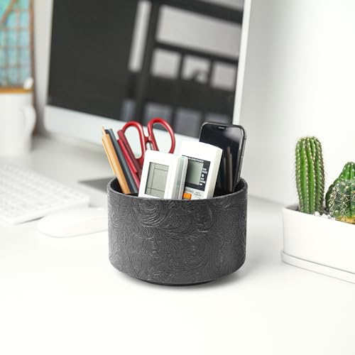Round Leather Art Supply Organizer,Remote Control Holder,360 Degree Spinning,Multi-Functional Pencil Holder,4 Compartments Desktop Stationary Organizer(1-Black2) - color: 1-Black2