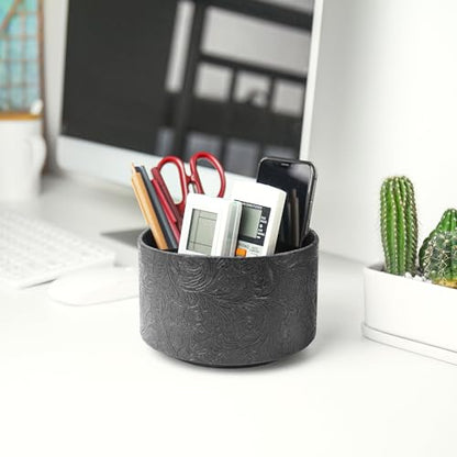 Round Leather Art Supply Organizer,Remote Control Holder,360 Degree Spinning,Multi-Functional Pencil Holder,4 Compartments Desktop Stationary Organizer(1-Black2) - color: 1-Black2