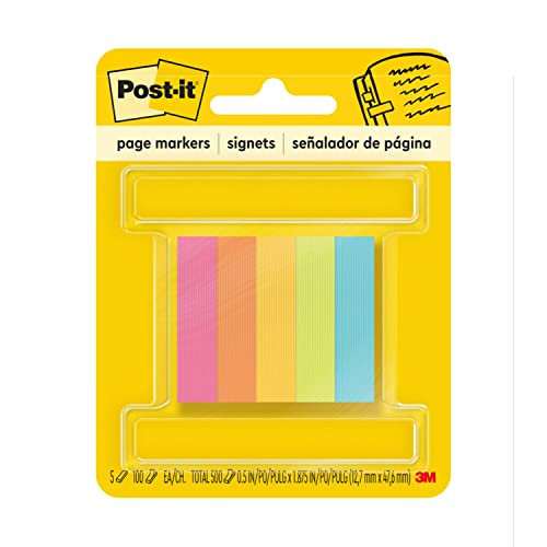 Post-it Page Markers, Assorted Colors, 1/2 in x 2 in, 100 Sheets/Pad, 5 Pads/Pack (670-5AN)