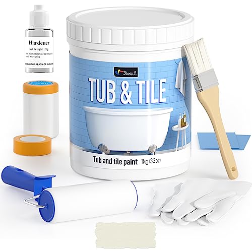 DWIL Tub Paint, Tub and Tile Refinishing Kit 33oz with Tools, Tile Refinishing Kit Bathtub Paint Water Based &Low Odor, Easy to Use Sink for Bathroom Kitchen, Semi-Gloss Vanilla White, 50-55sq.ft - color: Vanilla White, size: 33 Fl Oz (Pack of 1)