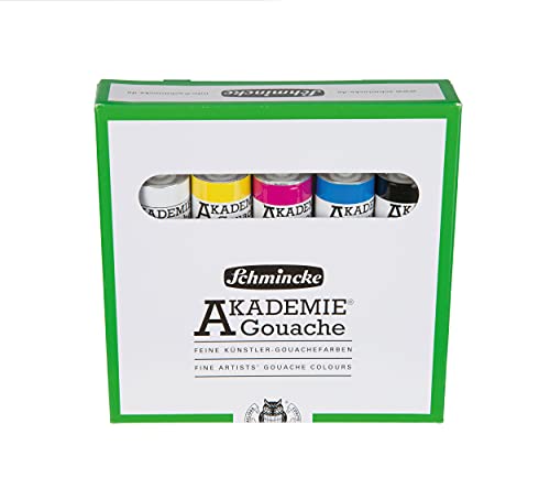 Schmincke - AKADEMIE® Gouache, 5 x 0,68 fl oz / 20 ml tubes, 72 205 097, 5 basic colors in a cardboard set, opaque, matt and intense colors, high lightfastness, mixing, color theory - size: 3.4 Fl Oz (Pack of 1)