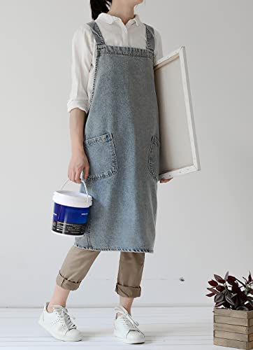 Cross Back Denim Apron for Women Men, Gardening Aprons with Large Pockets - color: Style B - Light Blue