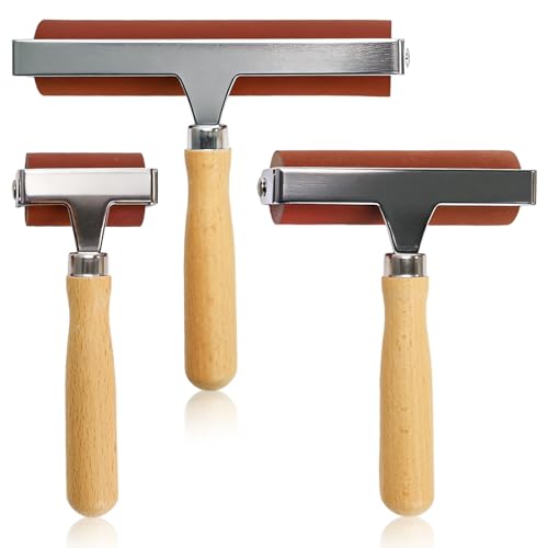 Pumtus 3 Sizes Rubber Brayer Roller, 6,4,2 Inch Soft Printmaking Brayer Tool with Wood Handle, Vinyl Paint Roller for Crafting, Art Paint Brush for Stamping, Wallpapers, Tape, Ink, Gluing, Scrapbook