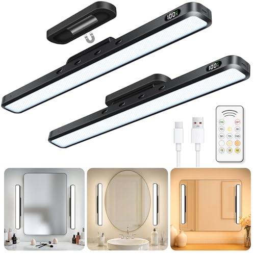 WILLED 5W Vanity Lights for Mirror with Remote Control,Magnetic Stick on Mirror Lights,Adjustable Color Temperatures Magnetic Light Bar for Mirror,Makeup Light for Bedroom, Bathroom(2 Pack) - color: Black