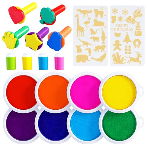 Washable Finger Paint Set - 7" Large Round Ink Pads (8 Colors) with 5 Paint Stamps, 4 Sponge Dabbers & 2 Stencils | Crafts, Classroom Art, Hand & Footprint Keepsakes, Christmas & Birthday Gifts