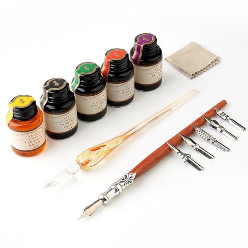 MU-02 Calligraphy Pen Set, Glass Dip Pen and Handcrafted Wooden Dip Pen Gift Set with 5 Colors Calligraphy Ink 6 Nibs, Calligraphy Set for Beginners