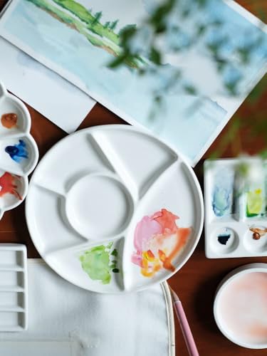 Ceramic Artist Paint Pallet,Tray,Palette,Easy to Clean Porcelain Mixing Tray for Watercolor Gouache Painting,6 Wells,8 inch, White, Round