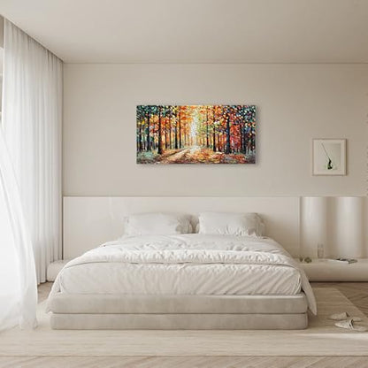 Art Hand Painted Red Maple Forest Landscape Oil Painting Modern Abstract Art Home Wall Deco Art 24x48 inches - color: Dn183