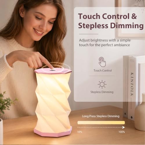 Portable Foldable Table Lamp, Japanese Gift, Paper Lantern Lights | Touch Control Dimmable Lamp with 3 Adjustable Heights, Rechargeable Warm Light, Travel Gifts for Women Men Couples (Pink) - color: Pink