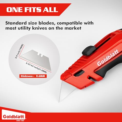Goldblatt 100-Pack Utility Blades with Tempered SK2M Steel | Double-honed Edges Deliver Lasting Sharpness for Cutting Cardboard, Leather, Linoleum, Rope, and More, Dispenser Included
