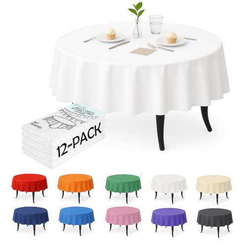 12 Pack White Plastic Tablecloths, 84 Inch Round Disposable Table Covers, Heavy Duty & Waterproof for Parties, Events, Banquets, White - color: White, size: 84" Round