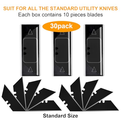 Harita Utility Knife Blades, Box Cutter Blades, Razor Blades with Blackened SK-2 High Carbon Steel, Roof Blades, Rust-Resistent, Extra Durable and Sharp, Standard Size, 10pcs/box easy carrying 30 pcs - color: Black, size: 30 Pack