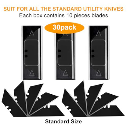 Harita Utility Knife Blades, Box Cutter Blades, Razor Blades with Blackened SK-2 High Carbon Steel, Roof Blades, Rust-Resistent, Extra Durable and Sharp, Standard Size, 10pcs/box easy carrying 30 pcs - color: Black, size: 30 Pack